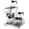 Commercial drip coffee maker with a 12-cup capacity, featuring four glass pots and four thermal trays. A stainless steel drip coffee brewer suitable