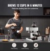 Commercial drip coffee maker with a 12-cup capacity, featuring four glass pots and four thermal trays. A stainless steel drip coffee brewer suitable